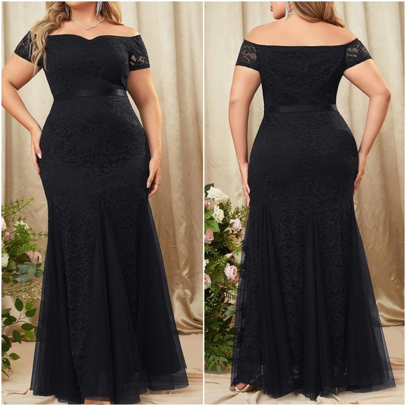 Plus Floral Lace Off Shoulder Formal Evening Wedding Maxi Dress - Picture 2 of 10